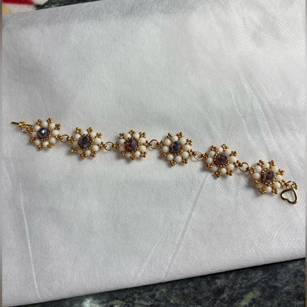 Hand crafted bracelet violet glass beads white shell beads gold tone seed beads